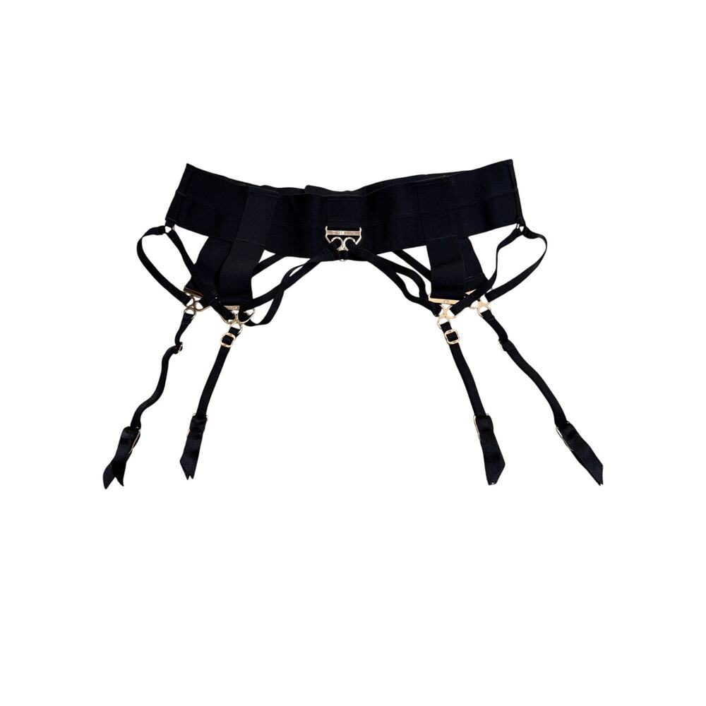 0217 Honey Birdette Black Satin Garter Belt Suspender Gold Hardware Size S